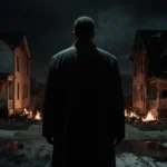 Figure standing with back to viewer amid two partially burned houses on a suburban street and flickering flames