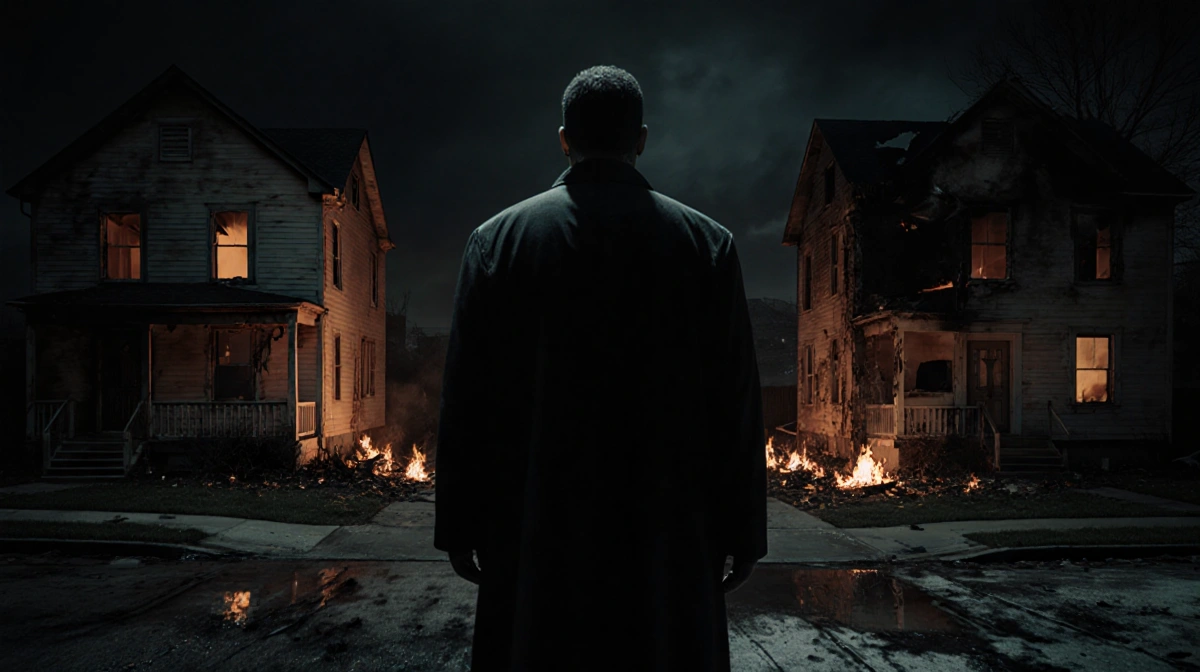 Figure standing with back to viewer amid two partially burned houses on a suburban street and flickering flames