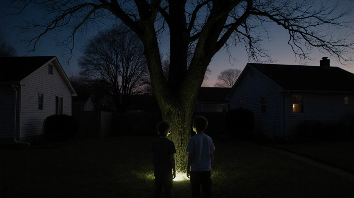 Two boys stare at glowing tree trunk in dark backyard with twisted branches at dusk.