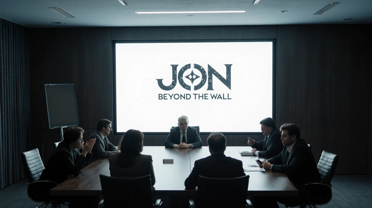 Unimpressed executives sit around conference table with blank screen showing Jon Beyond the Wall title while one gestures dis