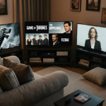 TV lounge arranging multiple screens with plush armchair and warm glow showcasing classic HBO series