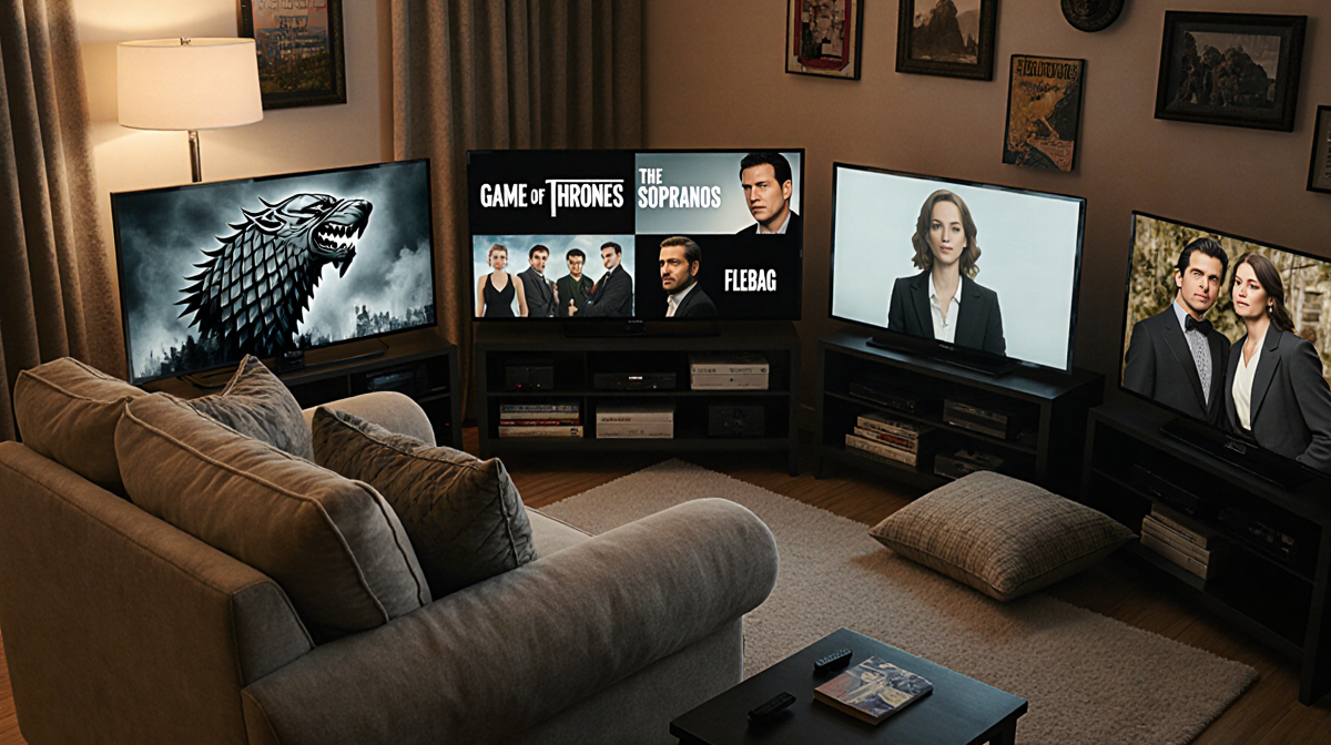 TV lounge arranging multiple screens with plush armchair and warm glow showcasing classic HBO series