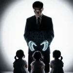 Chinese scientist He Jiankui stands with genetic code glowing from his hands while three young girls sit nearby showing the h
