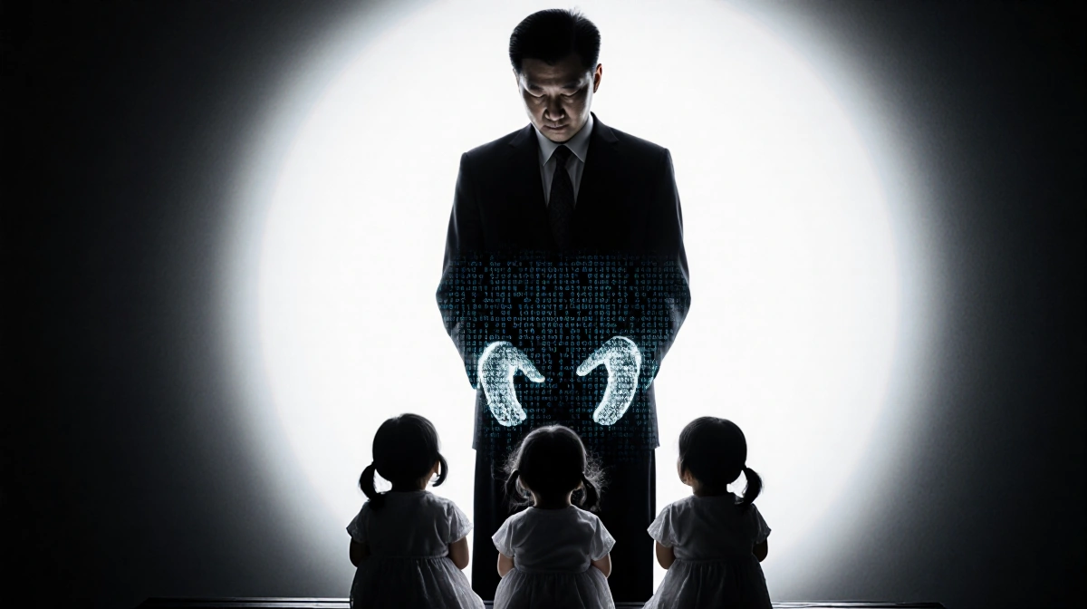 Chinese scientist He Jiankui stands with genetic code glowing from his hands while three young girls sit nearby showing the h