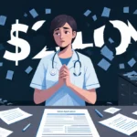 Healthcare professional clasping hands with unfinished grant application on desk and giant dollar sign looming behind