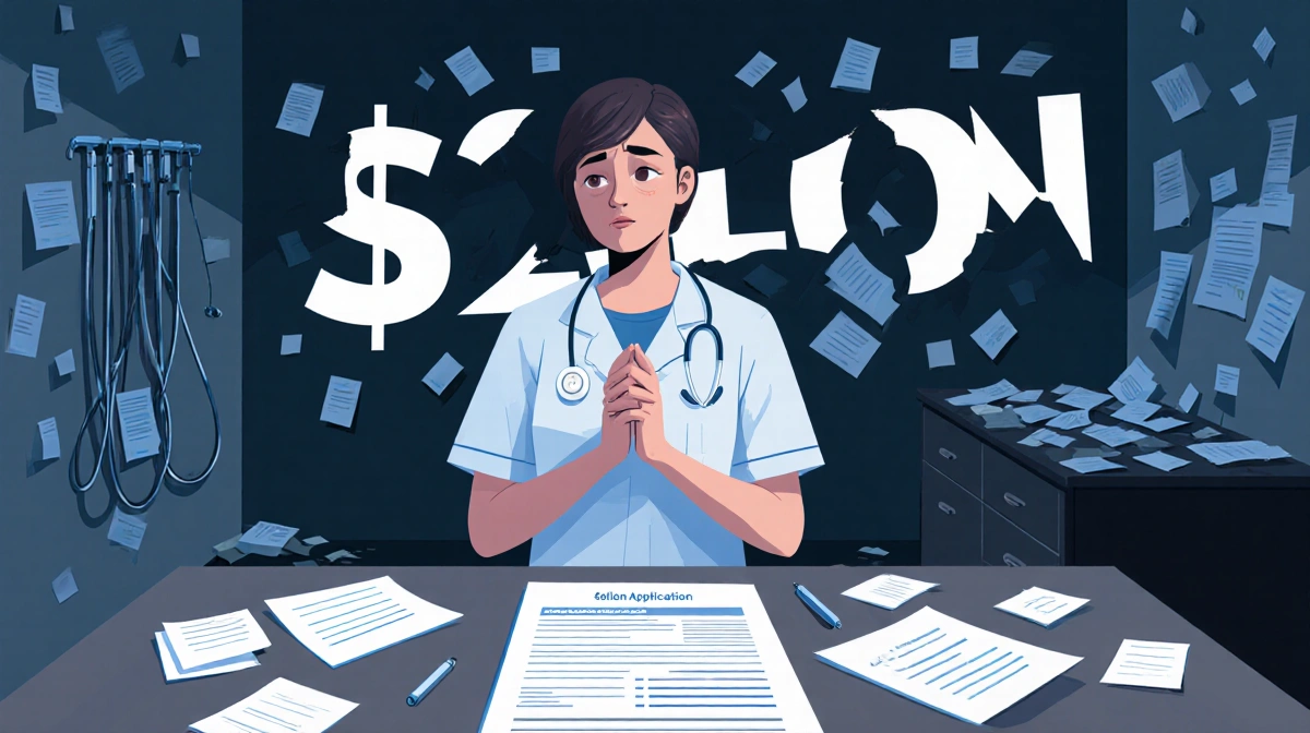 Healthcare professional clasping hands with unfinished grant application on desk and giant dollar sign looming behind