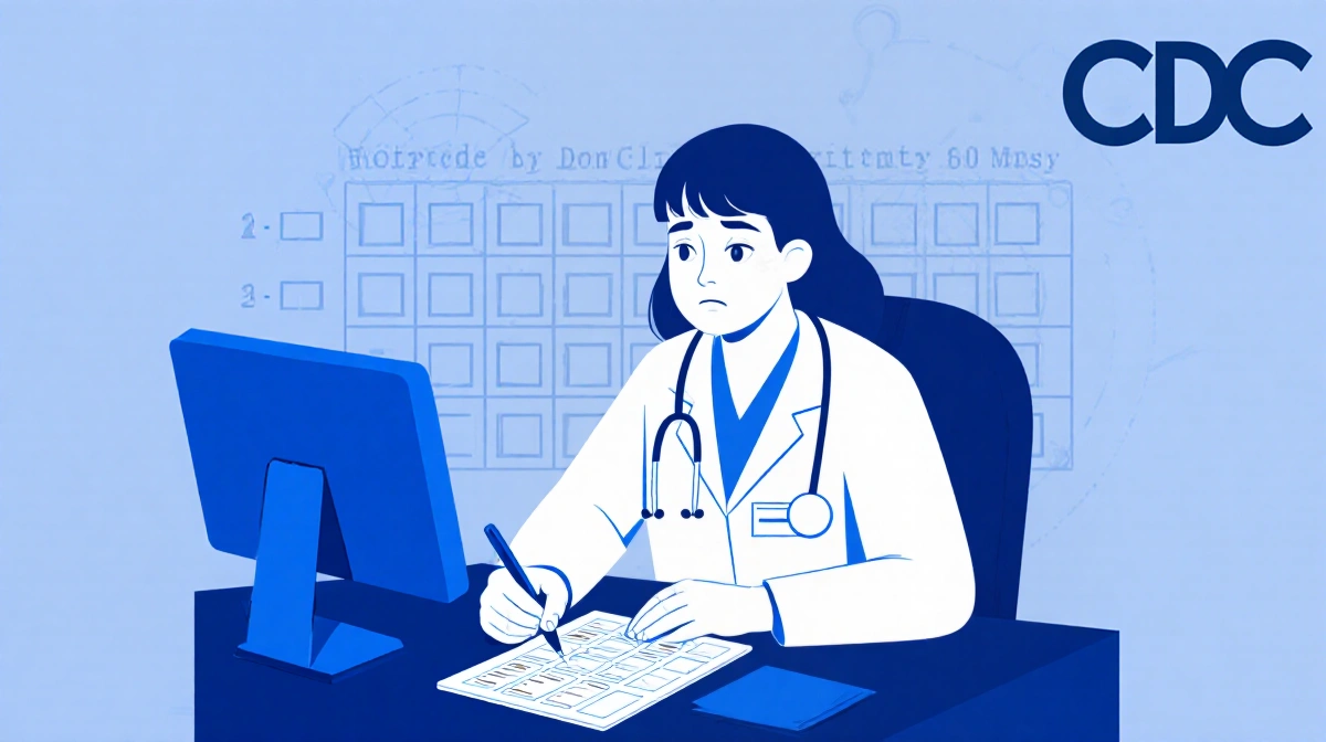 Healthcare professional reviewing vaccination schedule with patient chart and CDC logo visible