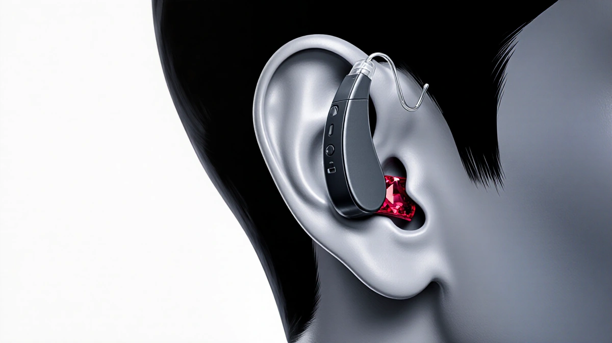 Hearing aid rests in ear with graphite shell and ruby red hook gleaming under natural light
