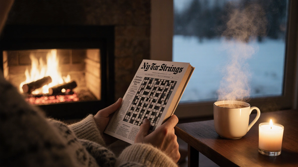 Person snuggling in a blanket with a puzzle book and steaming tea beside a crackling fireplace.