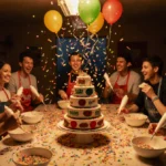 Fans decorating cakes with piping bags and confetti while show-stopping finale cake stands tall at center table