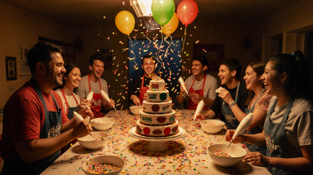 Fans decorating cakes with piping bags and confetti while show-stopping finale cake stands tall at center table