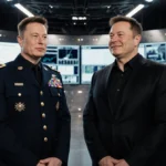 Defense Secretary Pete Hegseth speaking with Elon Musk at SpaceX Starbase facility with LED lights and screens behind