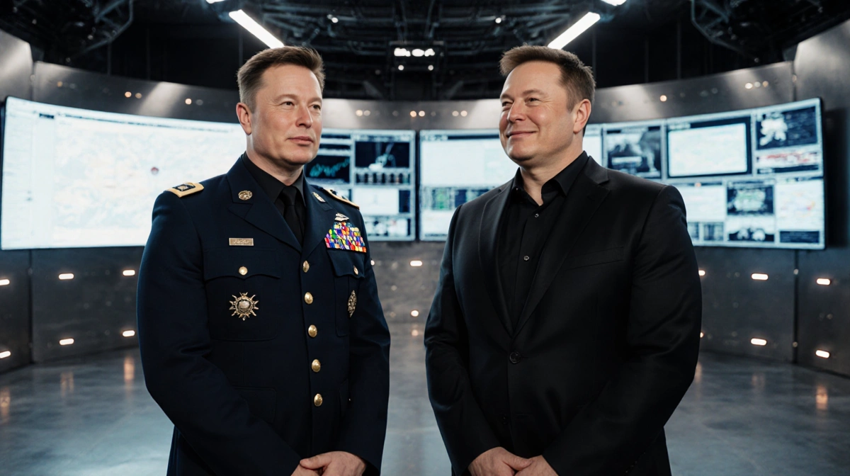 Defense Secretary Pete Hegseth speaking with Elon Musk at SpaceX Starbase facility with LED lights and screens behind