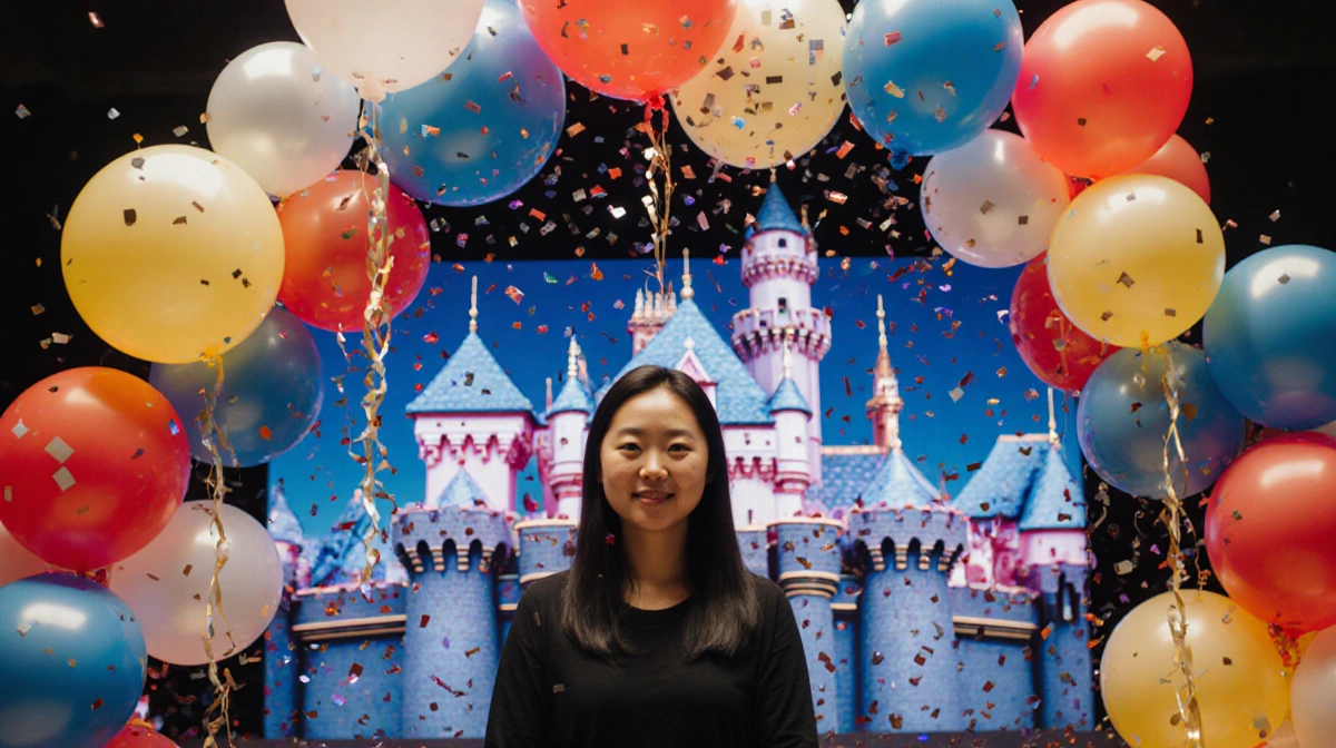 Heining stands before a balloon arch with confetti-like balloons and floating confetti strands against Disneyland backdrop.