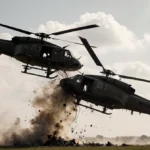 Two helicopters collide midair with smoke and twisted bodies near a field at Hammonton Municipal Airport