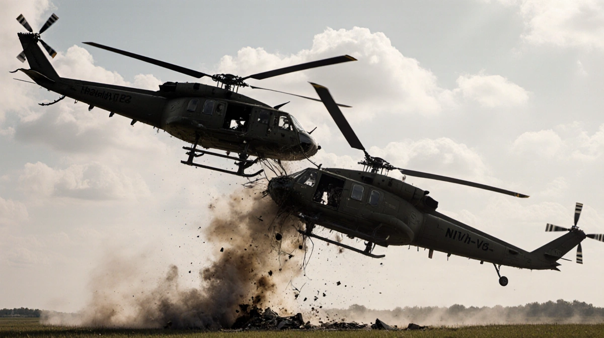 Two helicopters collide midair with smoke and twisted bodies near a field at Hammonton Municipal Airport