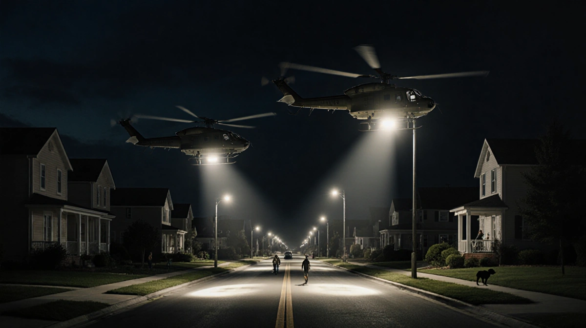 Helicopters hover low over suburban neighborhood with searchlights scanning houses and people walking unaware below