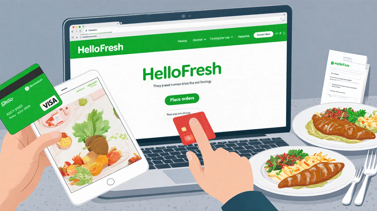 Person hovering over place orders button on HelloFresh laptop with credit card beside plates of meal kit ingredients on count