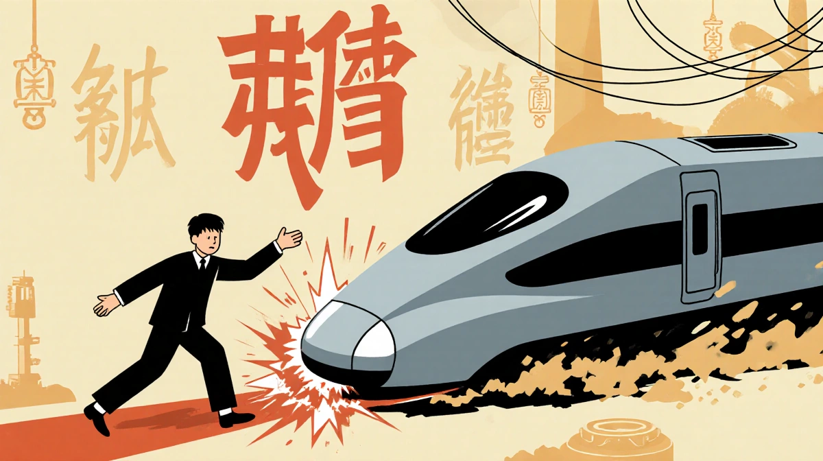 High-speed train striking pleading figure with outstretched arms and Chinese characters showing technological reality collisi