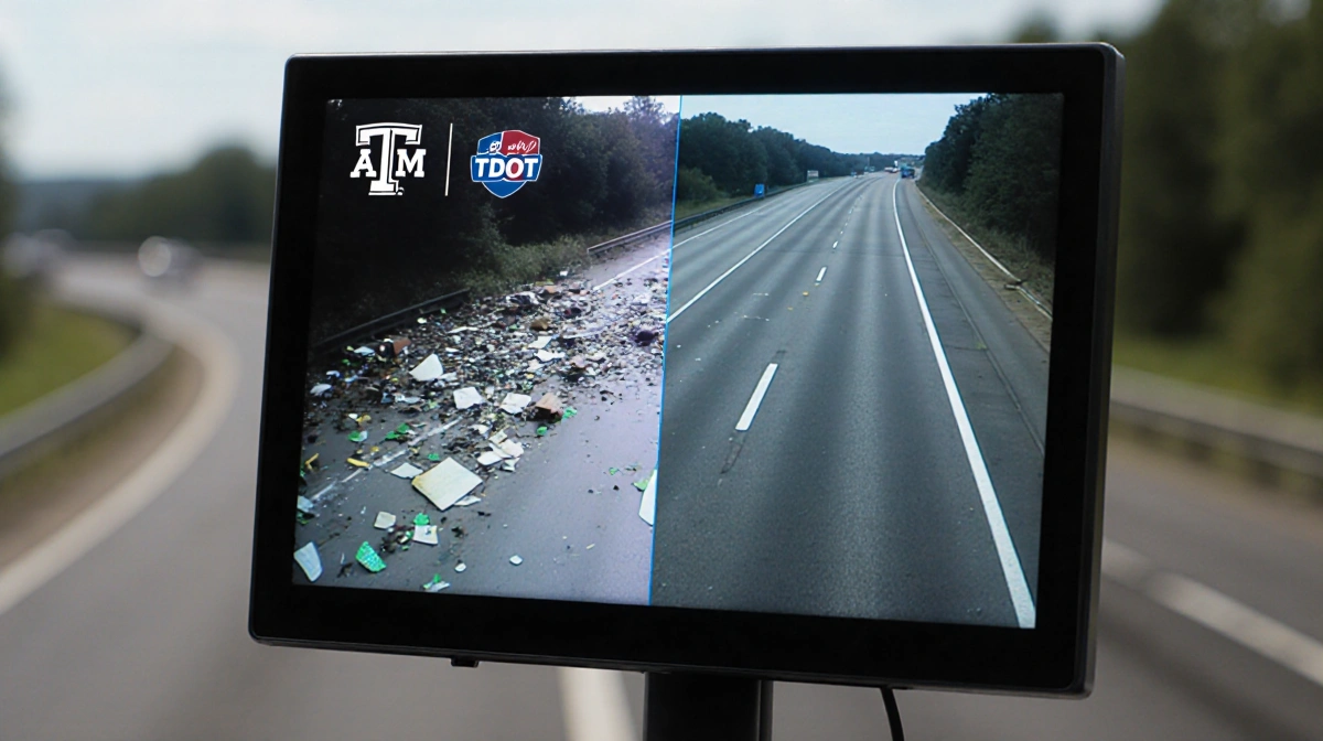 Highway camera monitoring view with clear road and cluttered debris and hazard highlights