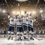 Hockey player celebrating mid-air with teammates as the puck flies into the goal and confetti rains overhead.