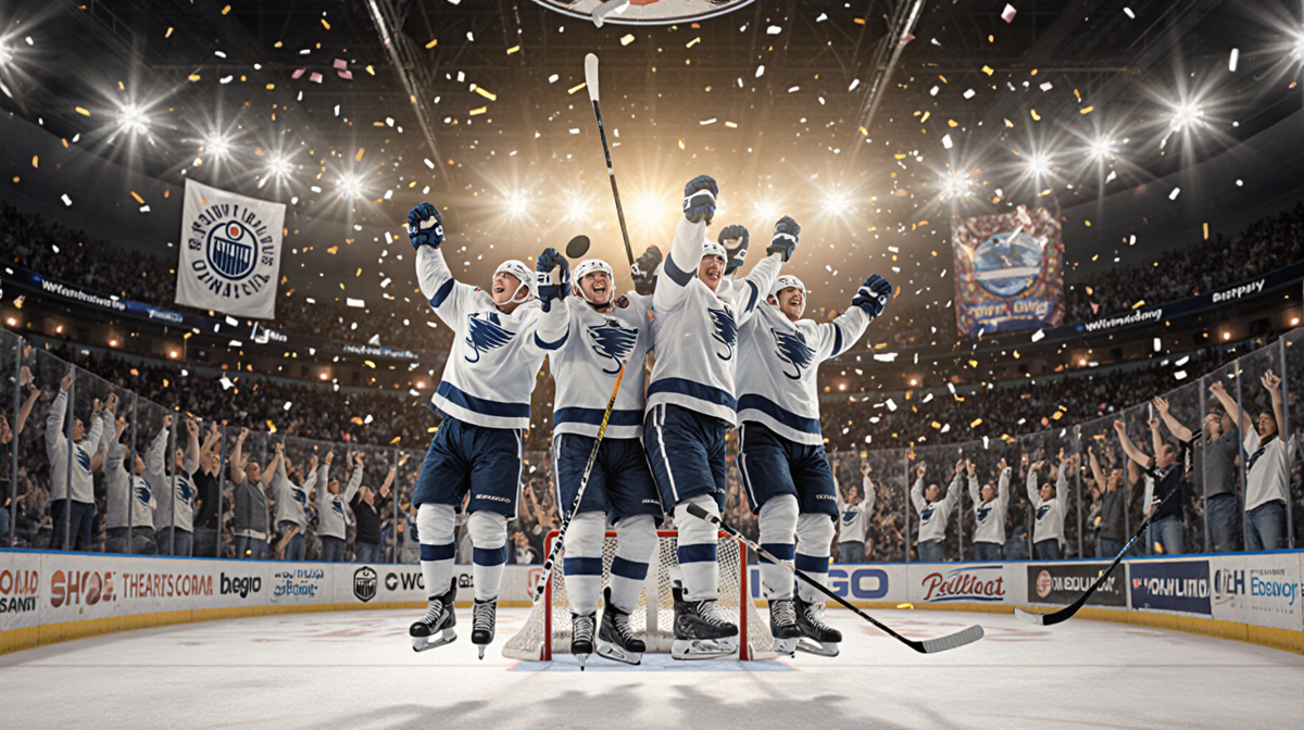 Hockey player celebrating mid-air with teammates as the puck flies into the goal and confetti rains overhead.