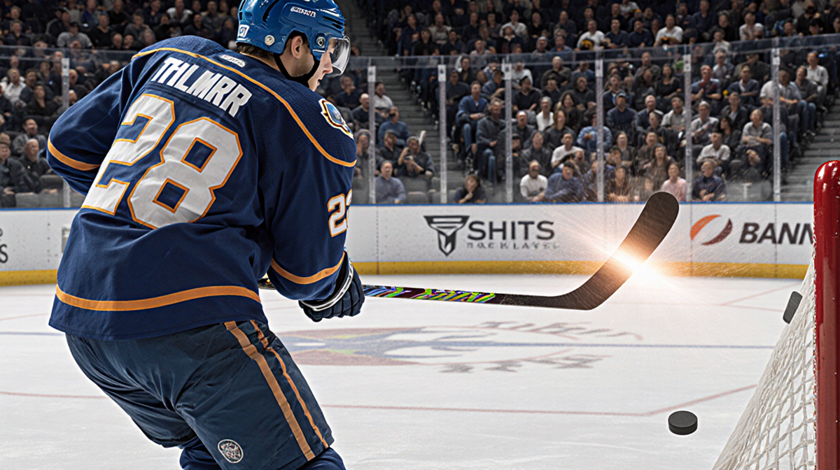 Hockey player slices his stick releasing a puck into the top corner of the net scoring a goal with arena lights.