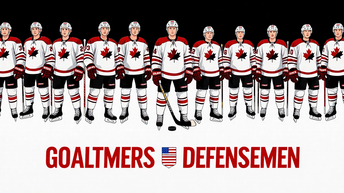 Defensemen standing shoulder-to-shoulder with Team Canada jerseys and NHL logos and a hockey stick and puck unite roster.