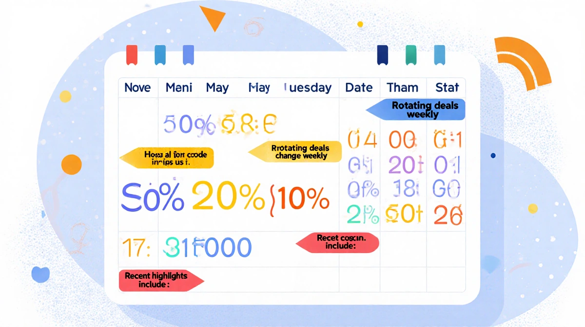 Colorful weekly planner calendar shows rotating Hoka coupon codes with bold percentage stickers and weekly deal flags