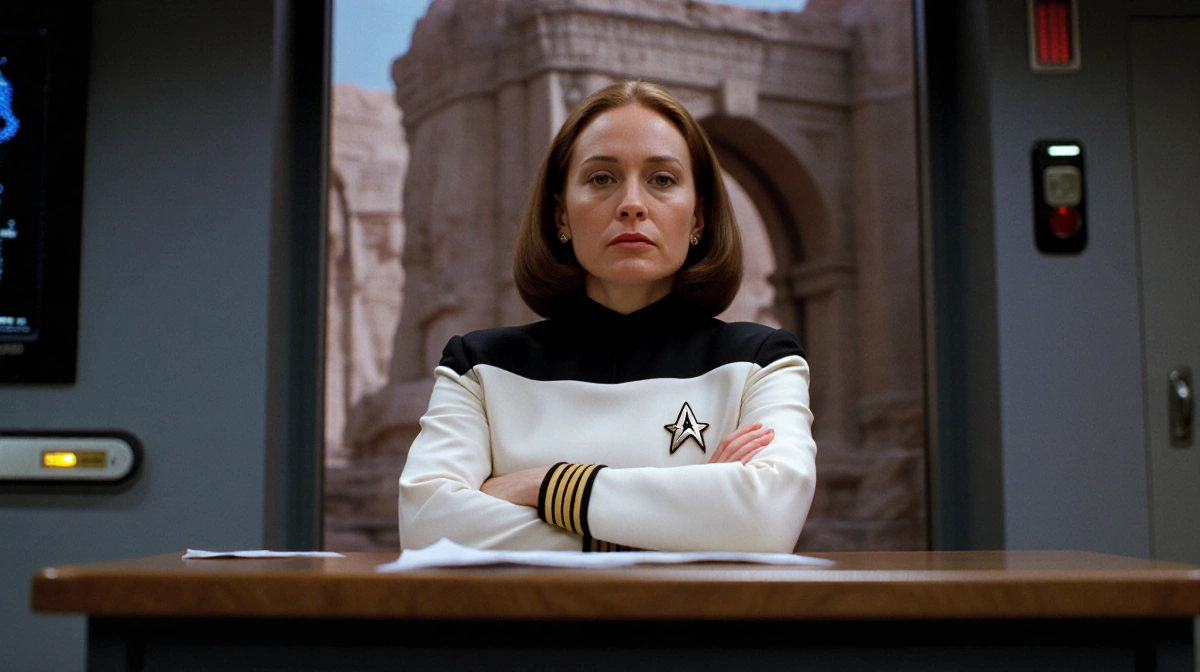 Holly Hunter stands relaxed at Starfleet Academy desk with crossed arms and ancient Lanthanite architecture visible behind