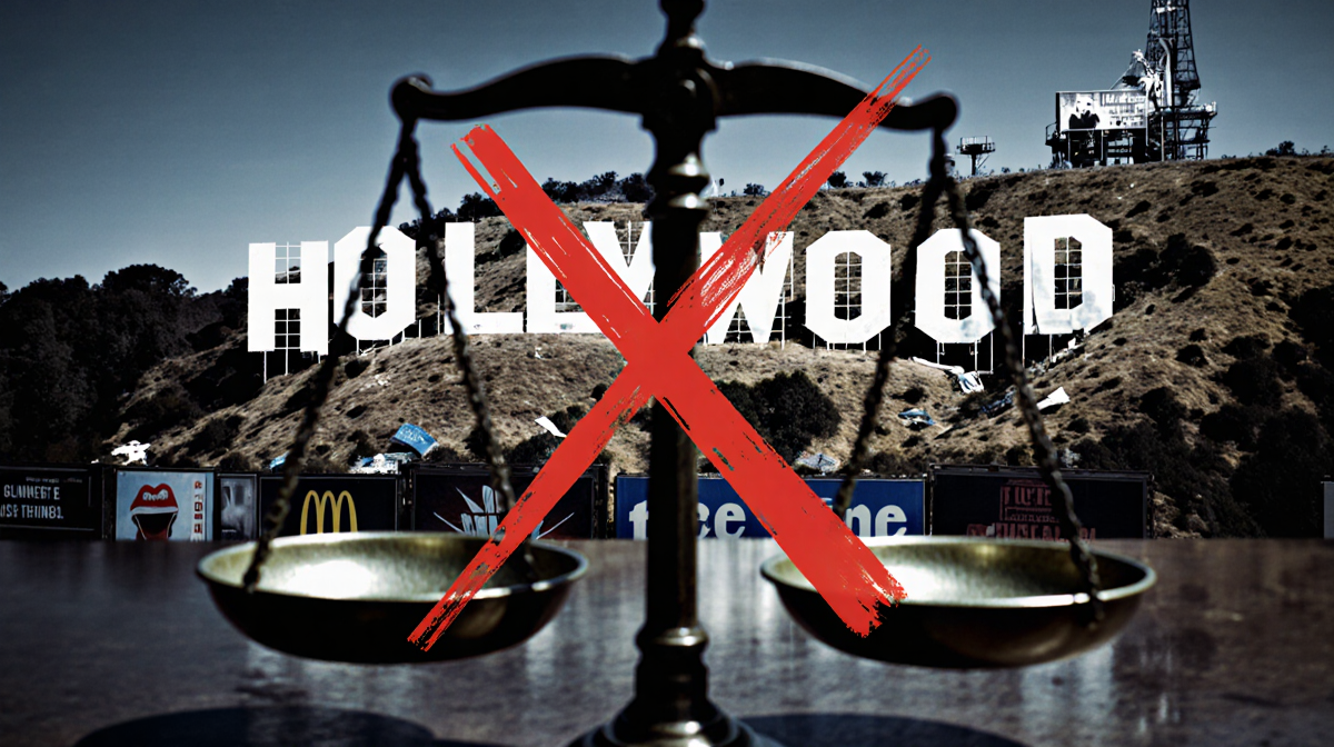 Hollywood sign bearing a red X ripped apart with broken billboards and scales balancing the damage