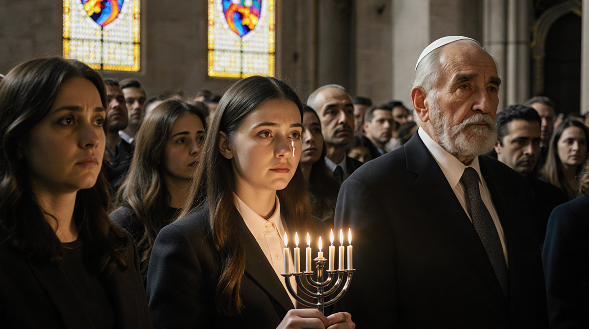 Young woman holding a candlelit menorah with a man and a sea of faces illuminated by golden light at a holocaust memorial.