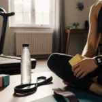 Person sits on floor holding a yoga block with a worn treadmill in the corner.