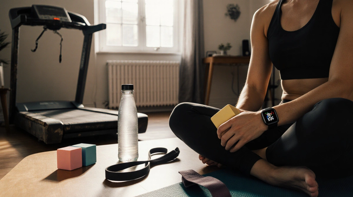 Person sits on floor holding a yoga block with a worn treadmill in the corner.