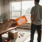 Person holding Home Depot promo card with natural light illuminating a home improvement living room and kitchen table