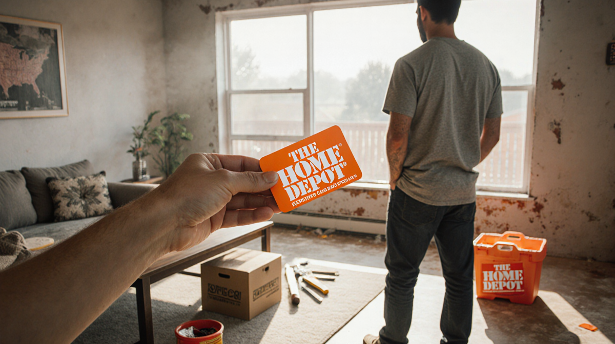 Person holding Home Depot promo card with natural light illuminating a home improvement living room and kitchen table