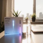 Modern home office showing at-home test kit with swab and vial on counter beside laptop and plants