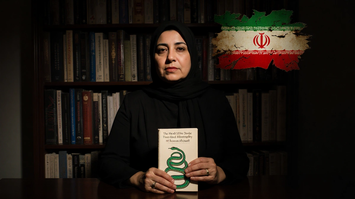 Homeira Hesami stands with clasped hands touching The Head of the Snake book with faded Iranian flag behind her