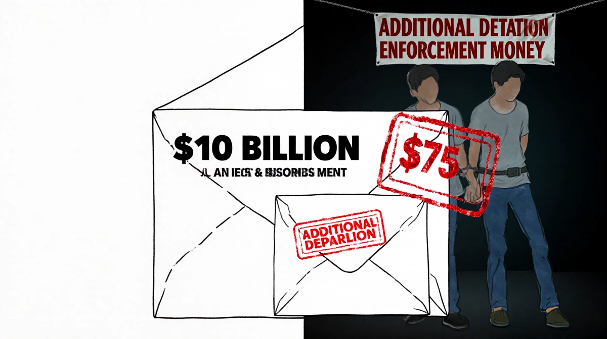 Large envelope marked $10 billion opens with text while a smaller red-stamped envelope showing $75 billion sits beside a figu