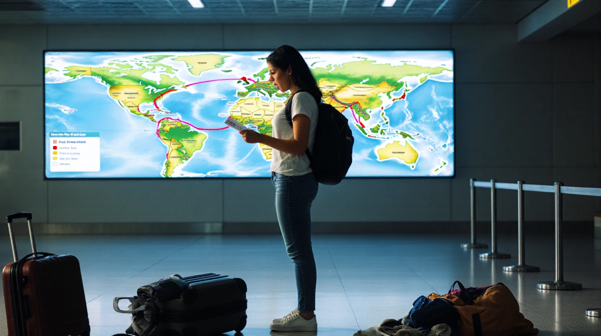 Honduran traveler standing with backpack and scattered luggage while looking at boarding pass with airport map showing flight