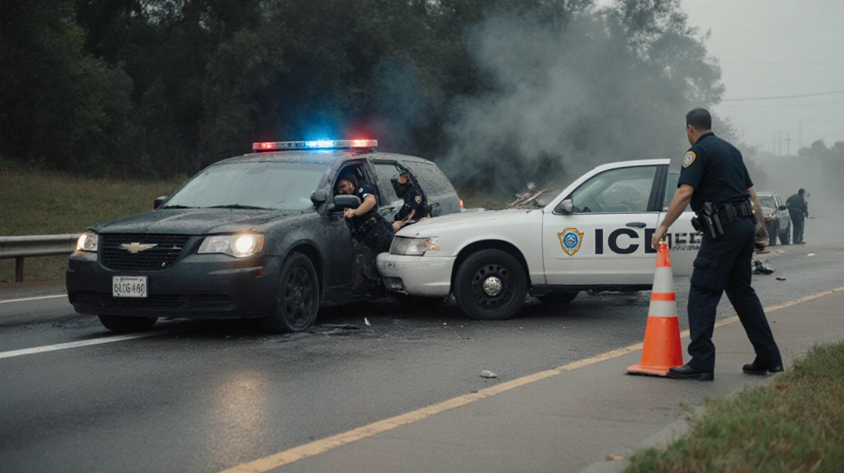 Honduran driver ramming ICE agent car with collision damage visible and injured agents inside