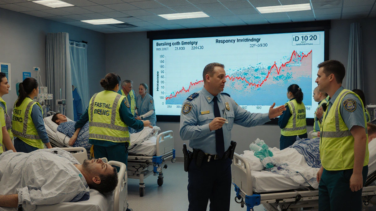 Police officer standing beside an overwhelmed hospital administrator with a ski resort map and busy emergency room