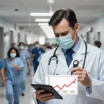 Doctor holding thermometer checks rising flu graph with exhausted expression amid busy emergency room