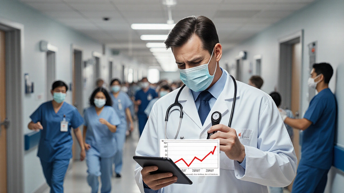 Doctor holding thermometer checks rising flu graph with exhausted expression amid busy emergency room