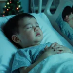 Lifeless child lies on hospital bed with blue‑green light and a faint Christmas tree
