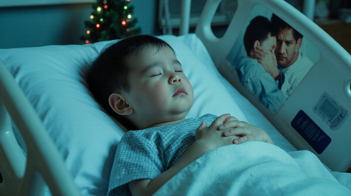 Lifeless child lies on hospital bed with blue‑green light and a faint Christmas tree