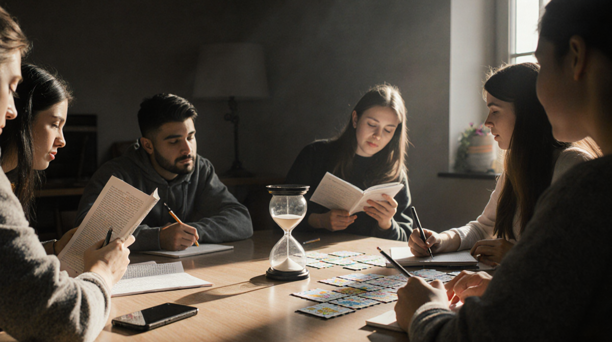 Participants reading and coloring with an hourglass timer at center and empty phones on table