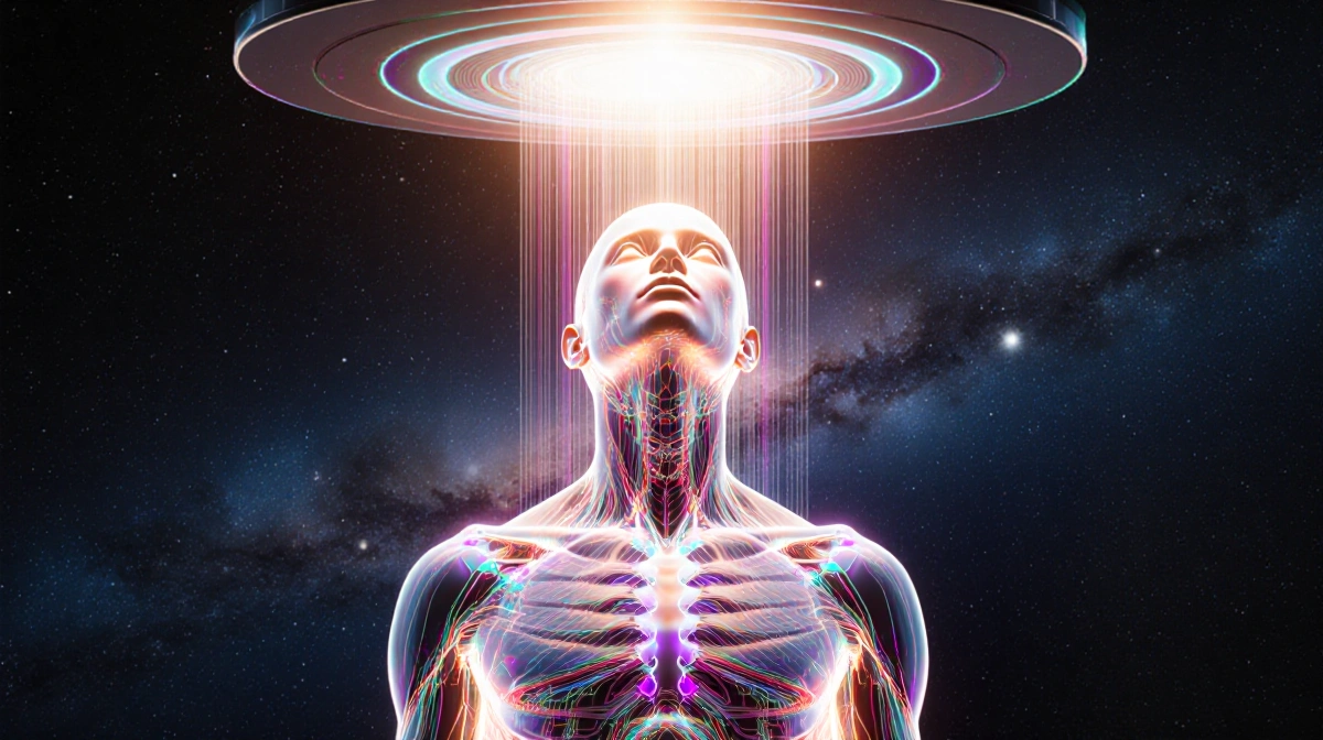 Person emitting glowing alien signal into space with iridescent circuits surrounding body and starry galaxy behind