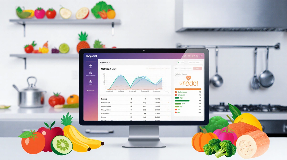 Screen displays nutritional chart with colorful illustrations of favorite foods and disliked foods in a blurred kitchen.