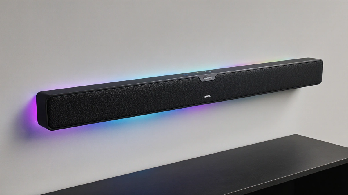 Sleek soundbar adjusting its position on a wall with glowing LED lights and gyro-sensing technology